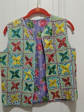 Hand-Embroidered Floral Patchwork Vest in Aqua, Yellow & Red